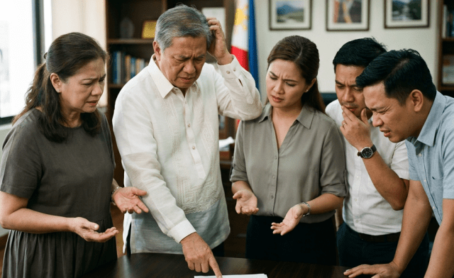 Five people standing around a table looking worried while reviewing a document