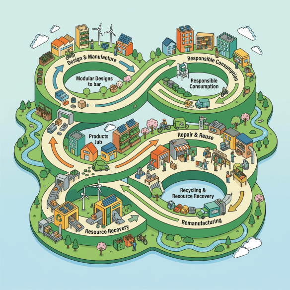 Illustration of a circular economy cycle with design, consumption, repair, recycling, and resource recovery stages
