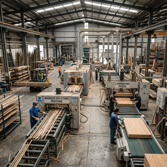 Industrial bamboo processing facility with machines and workers handling bamboo and laminated wood panels