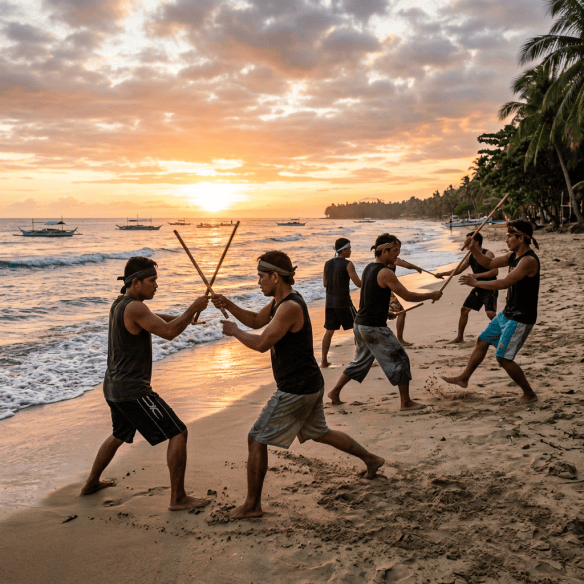 Six men practicing traditional stick fighting on sandy beach at sunset