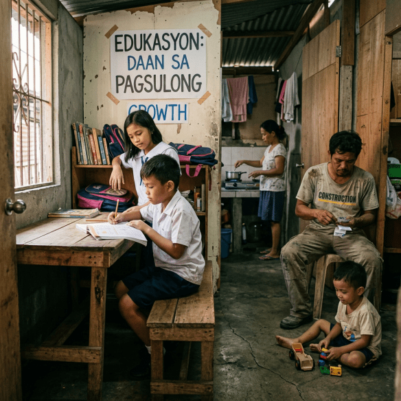 Children studying and playing at home with parents in a modest room