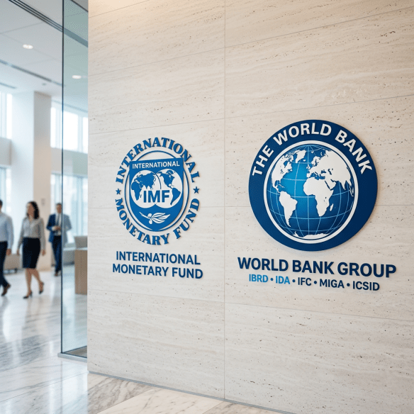 Logos of International Monetary Fund and World Bank on beige wall inside office lobby