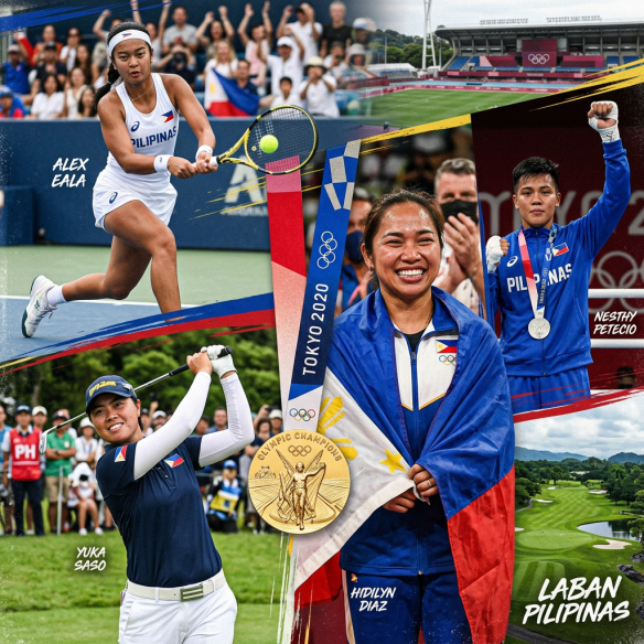 Four Filipino athletes competing in tennis, golf, weightlifting, and boxing at Tokyo 2020 Olympics with Olympic medal and Philippine flag