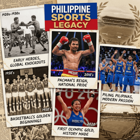 Collage showing historic and modern Filipino athletes in boxing and basketball with text highlighting different eras.