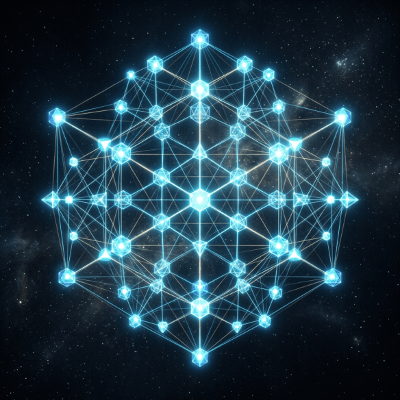 A glowing blue geometric network of interconnected nodes forming a complex three-dimensional shape