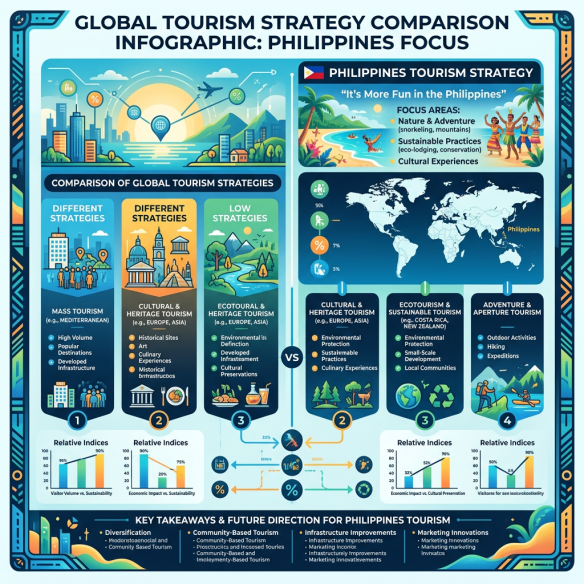 Infographic showing global tourism strategies comparison with focus areas and relative indices for the Philippines.