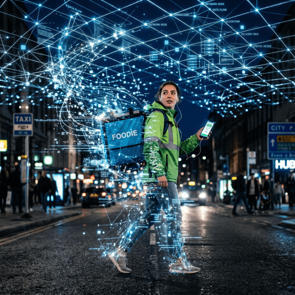 Food delivery courier walking on city street using smartphone with digital data network overlay