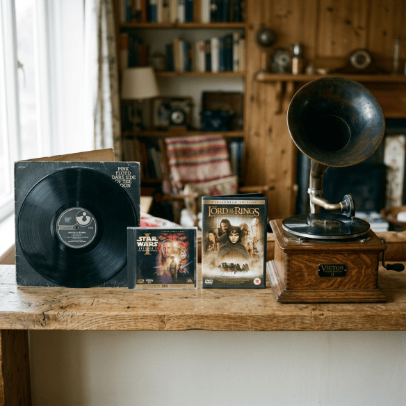 Vinyl record, VCD, DVD, and phonograph side by side