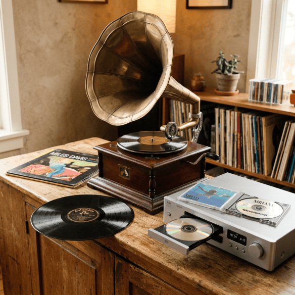 Vinyl, CD, phonograph, and CD player together