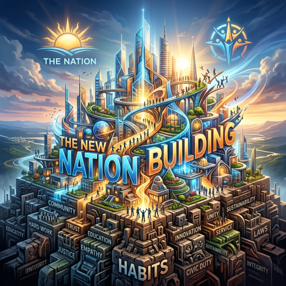 Futuristic cityscape symbolizing nation building with words like habits, community, trust, education, and innovation