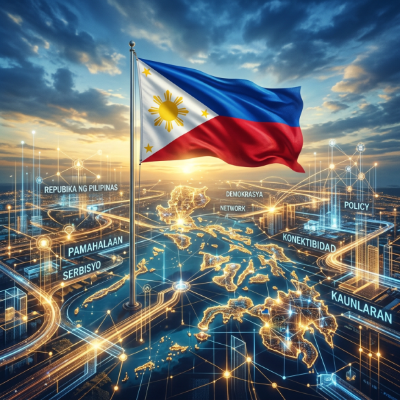 Philippine flag above a digital map of the Philippines with keywords about governance and connectivity