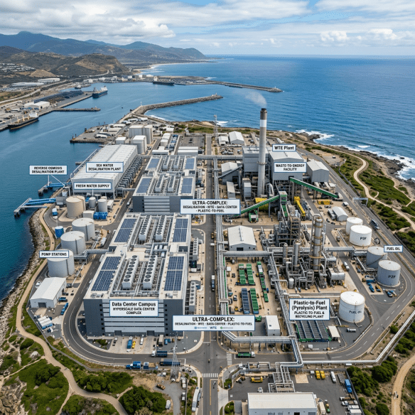Aerial view of an industrial complex with labeled sections including desalination, data center, waste-to-energy, and plastic-to-fuel plants