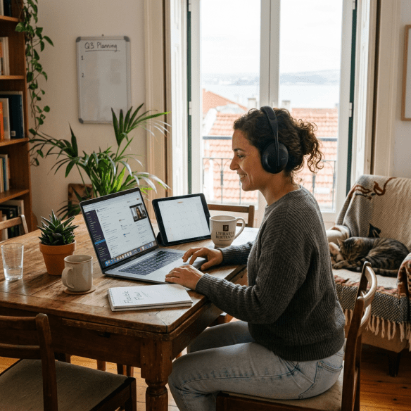 Woman wearing headphones using laptop and tablet for work at wooden table
