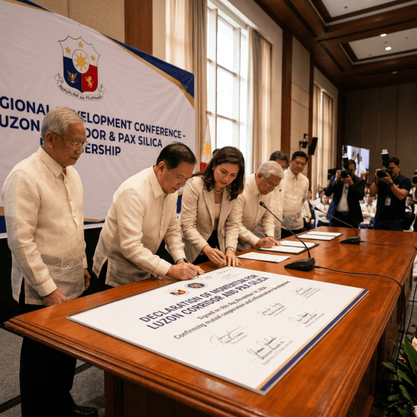 Officials signing a declaration document for Luzon Corridor and PAX SILICA partnership at a conference table.