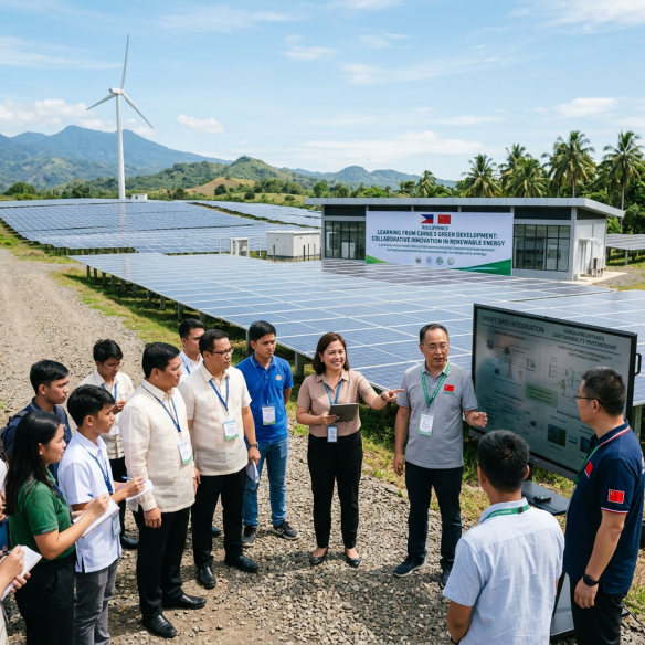 Group of people discussing smart grid integration by solar panels and wind turbine