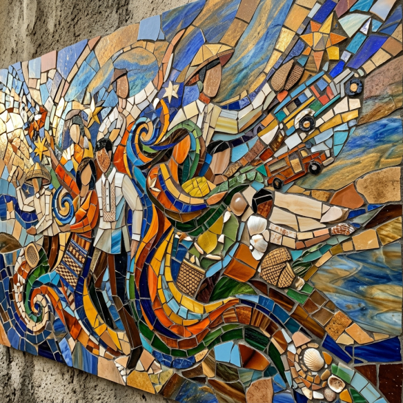 Mosaic art showing Filipino figures in traditional clothing, jeepneys, stars, and colorful swirling patterns