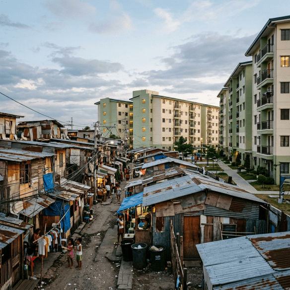 Narrow street with informal shacks made of corrugated metal alongside modern multi-story apartment buildings under a cloudy sky