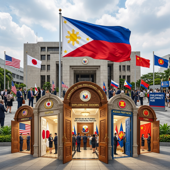 Philippine Embassy in Manila with diplomats from the USA, Japan, ASEAN, and China engaging in discussions under their respective flags