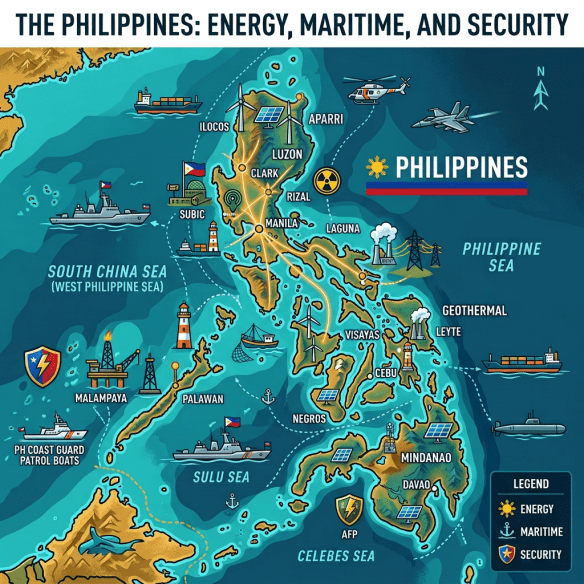 Map of the Philippines showing key energy sites, maritime routes, and security locations