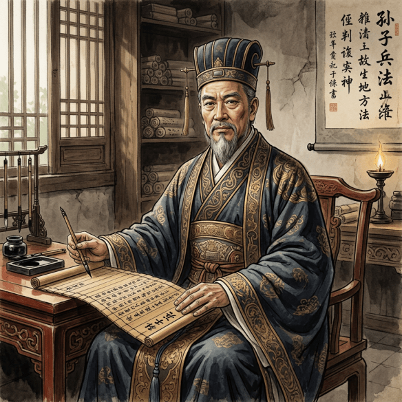 Ancient Chinese scholar in traditional attire writing on a scroll in a classical study room