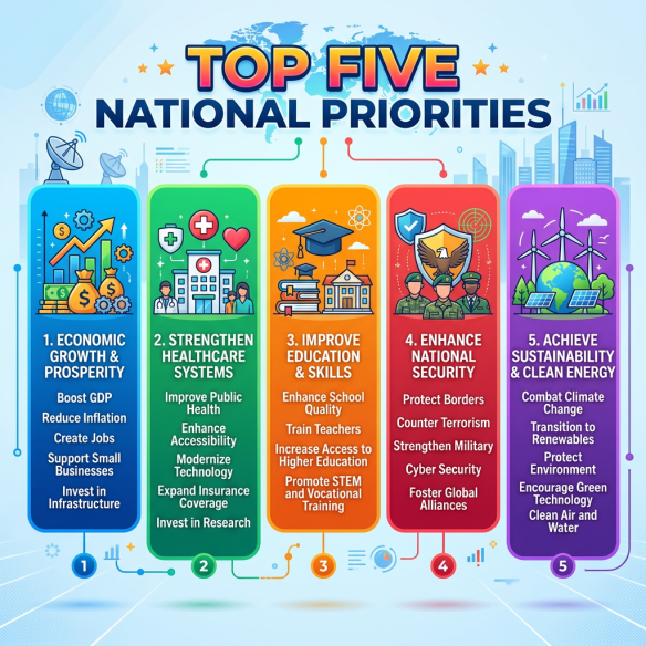 Top five national priorities with economic growth, healthcare, education, security, and sustainability sectors listed