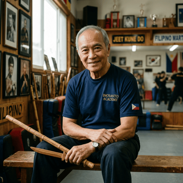 Senior Filipino martial arts instructor wearing Inosanto Academy shirt holding wooden sticks