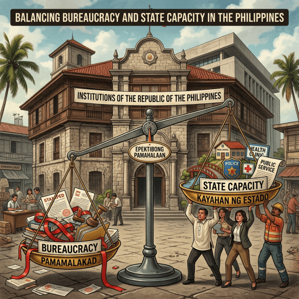 Balance scale with bureaucracy on one side and state capacity on the other, representing Philippine governance.