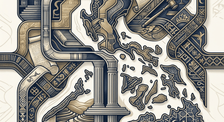 Ornate Mediterranean map surrounded by classical architecture, books, legal symbols, and cultural patterns