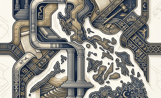 Ornate Mediterranean map surrounded by classical architecture, books, legal symbols, and cultural patterns
