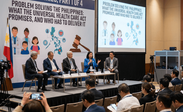 Panel on “The UHC Series, Part 1 of 4: Problem Solving the Philippines: What the Universal Health Care Act Promises, and Who Has to Deliver It,” with speakers and audience.