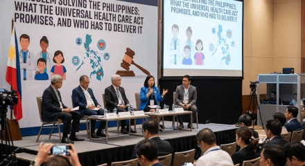 Panel on “The UHC Series, Part 1 of 4: Problem Solving the Philippines: What the Universal Health Care Act Promises, and Who Has to Deliver It,” with speakers and audience.