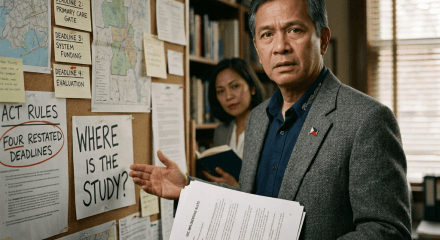 Man holding research documents beside board labeled deadlines, funding, evaluation, and study location