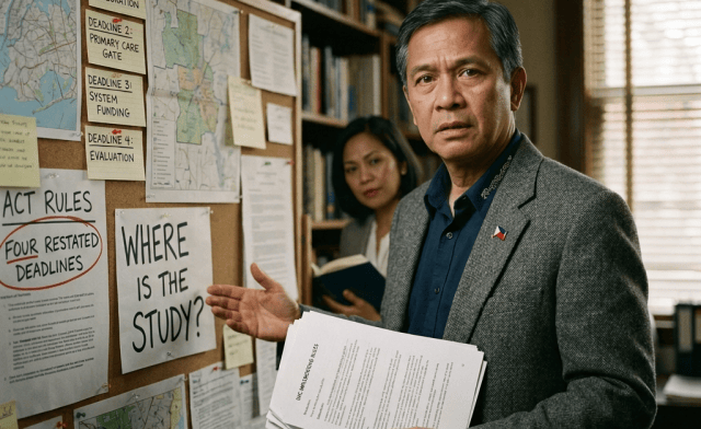 Man holding research documents beside board labeled deadlines, funding, evaluation, and study location