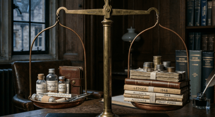Brass balance scale holding medicines on one side and ledgers, coins, and law books on the other