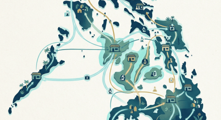 Illustrated map showing healthcare facilities, homes, laboratories, and patients connected by arrows