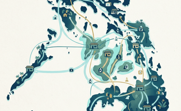 Illustrated map showing healthcare facilities, homes, laboratories, and patients connected by arrows