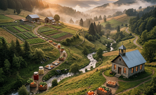 Mountain farm with gardens, produce, stream, church, and sunset