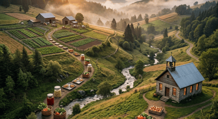 Mountain farm with gardens, produce, stream, church, and sunset