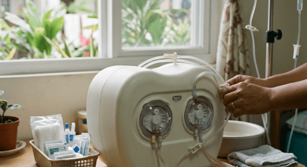 Medical device with tubing, IV bags, and clinician's hands