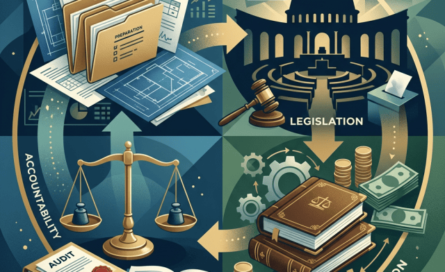 Illustration labeled Preparation, Legislation, Execution, Accountability, and Audit around a public finance governance cycle