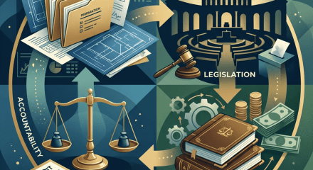Illustration labeled Preparation, Legislation, Execution, Accountability, and Audit around a public finance governance cycle